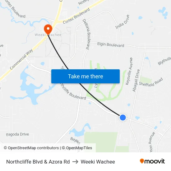 Northcliffe Blvd & Azora Rd to Weeki Wachee map