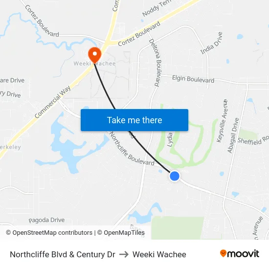 Northcliffe Blvd & Century Dr to Weeki Wachee map