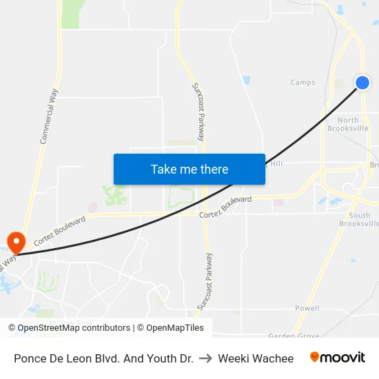 Ponce De Leon Blvd. And Youth Dr. to Weeki Wachee map