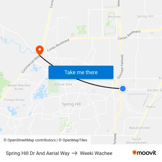 Spring Hill Dr And Aerial Way to Weeki Wachee map