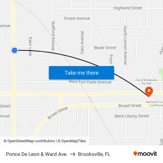 Ponce De Leon & Ward Ave. to Brooksville, FL map