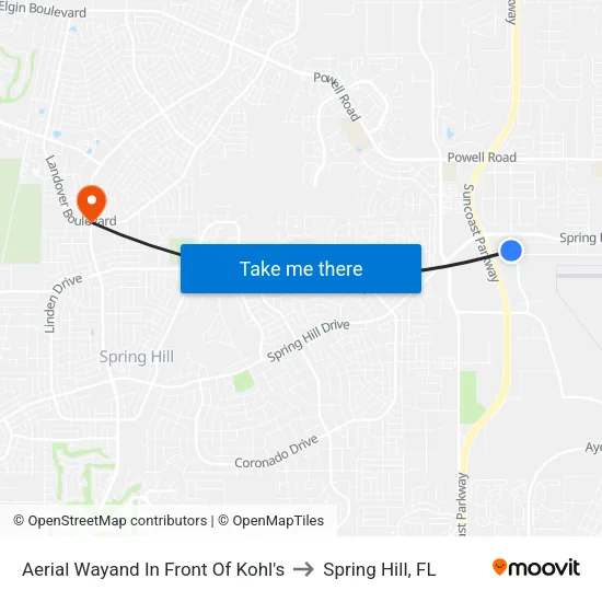 Aerial Wayand In Front Of Kohl's to Spring Hill, FL map