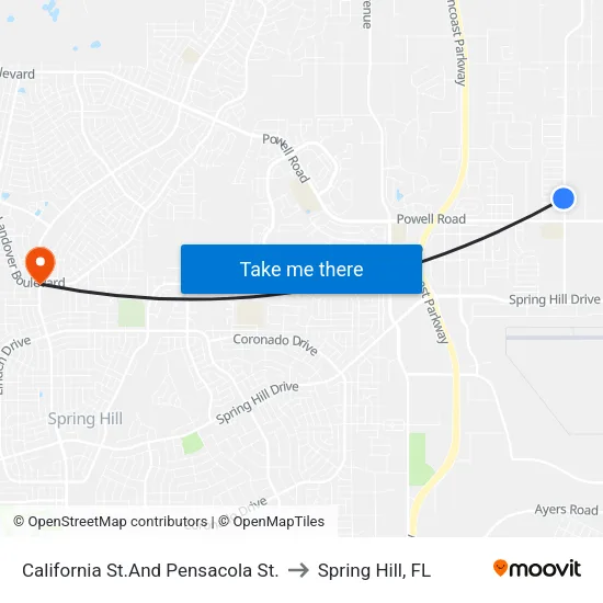 California St.And Pensacola St. to Spring Hill, FL map