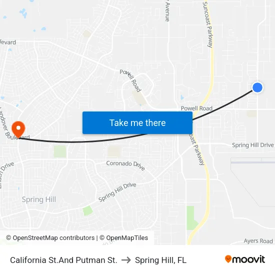 California St.And Putman St. to Spring Hill, FL map