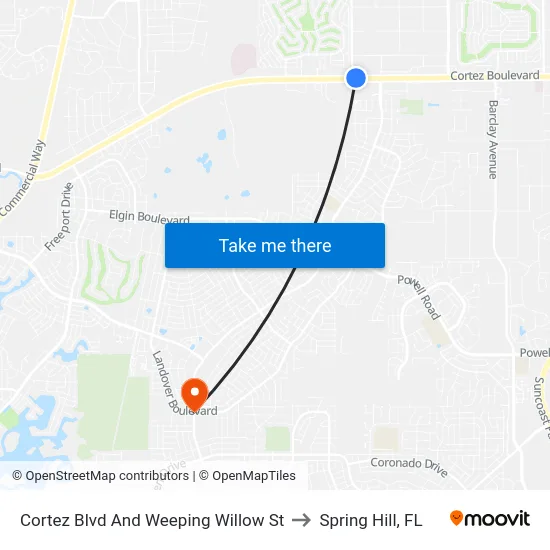 Cortez Blvd And Weeping Willow St to Spring Hill, FL map