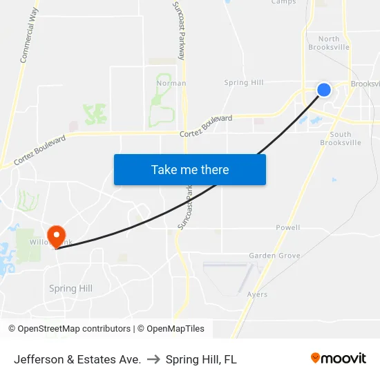 Jefferson & Estates Ave. to Spring Hill, FL map