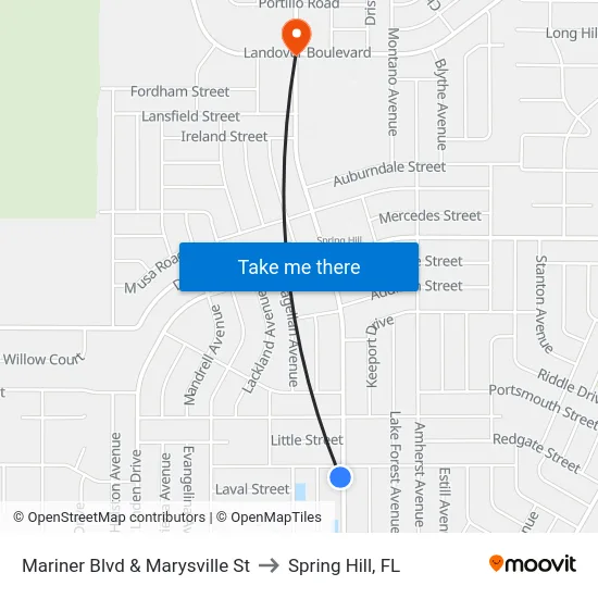 Mariner Blvd  & Marysville St to Spring Hill, FL map