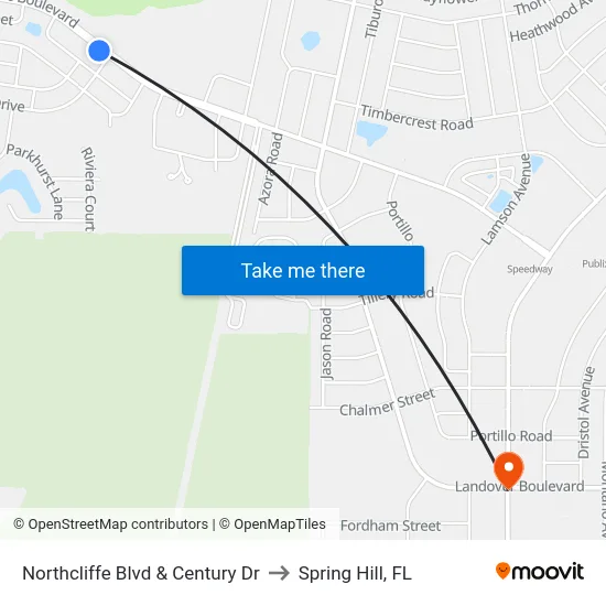 Northcliffe Blvd & Century Dr to Spring Hill, FL map