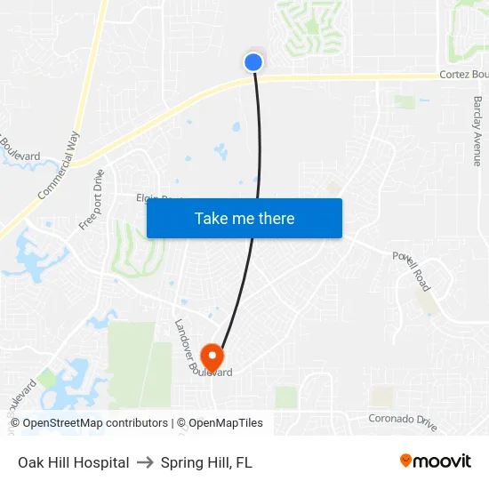 Oak Hill Hospital to Spring Hill, FL map