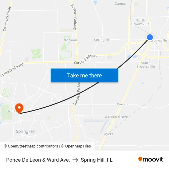 Ponce De Leon & Ward Ave. to Spring Hill, FL map