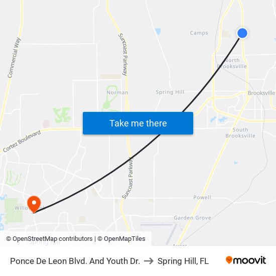 Ponce De Leon Blvd. And Youth Dr. to Spring Hill, FL map