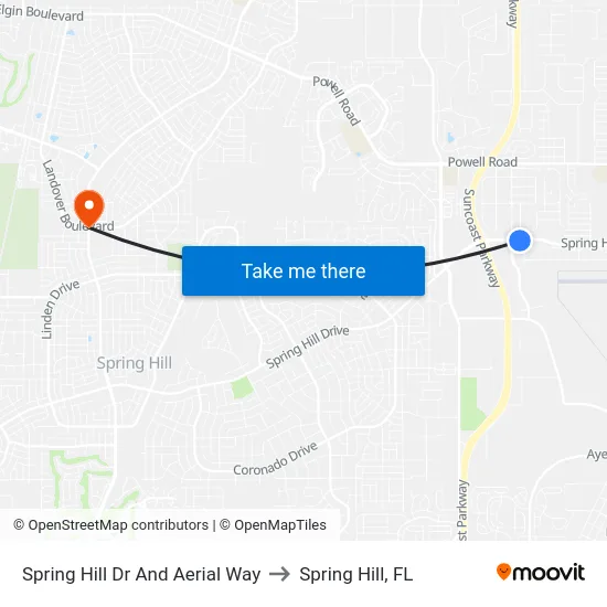 Spring Hill Dr And Aerial Way to Spring Hill, FL map