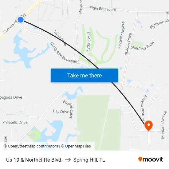 Us 19  & Northcliffe Blvd. to Spring Hill, FL map