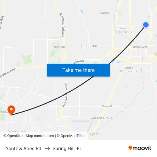 Yontz & Aries Rd. to Spring Hill, FL map