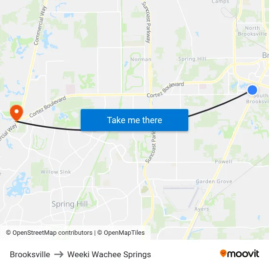 Brooksville to Weeki Wachee Springs map