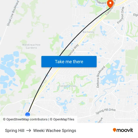 Spring Hill to Weeki Wachee Springs map