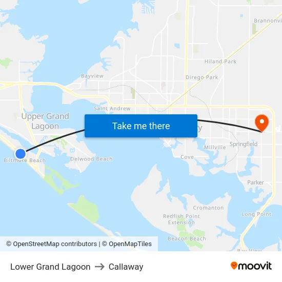 Lower Grand Lagoon to Callaway map