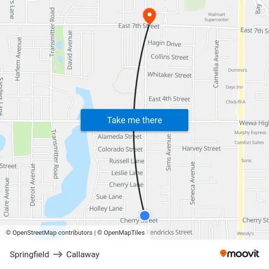 Springfield to Callaway map