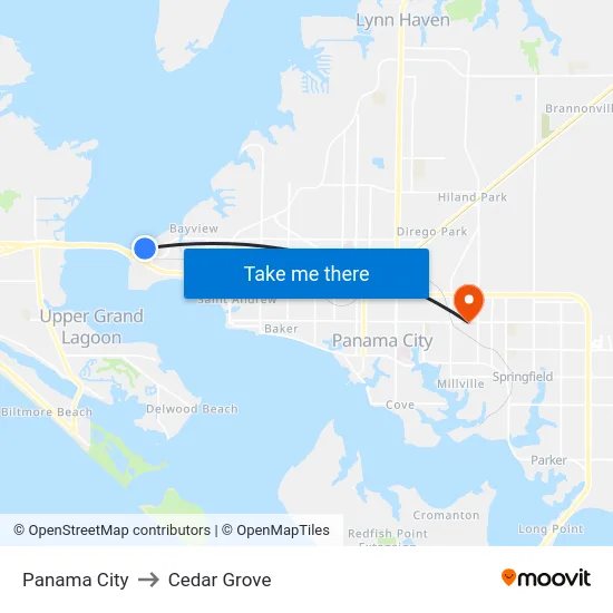 Panama City to Cedar Grove map