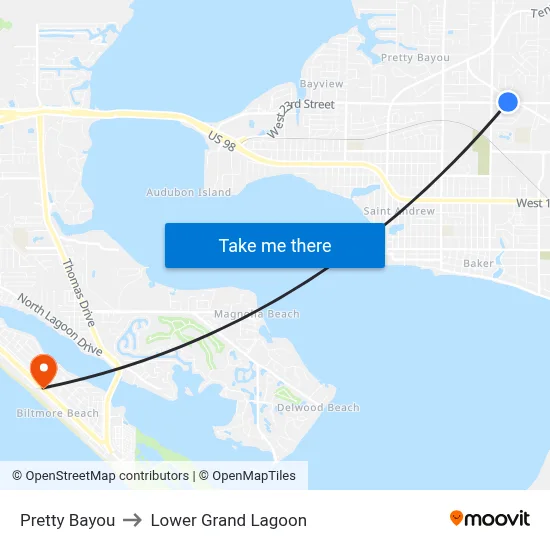 Pretty Bayou to Lower Grand Lagoon map