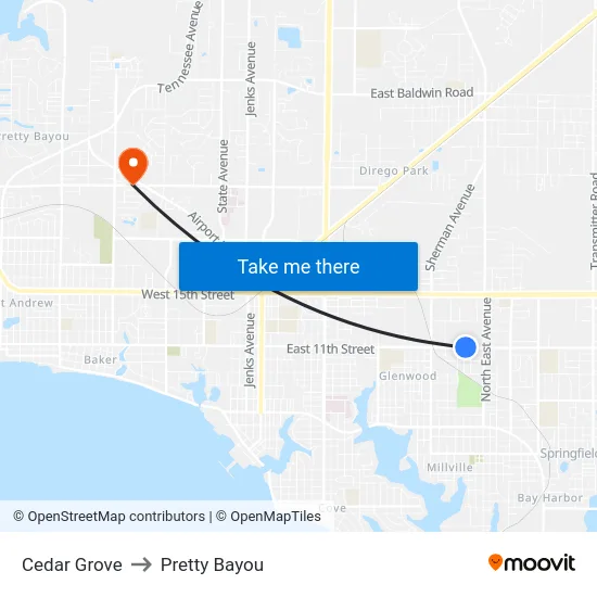 Cedar Grove to Pretty Bayou map