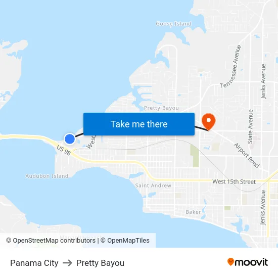 Panama City to Pretty Bayou map