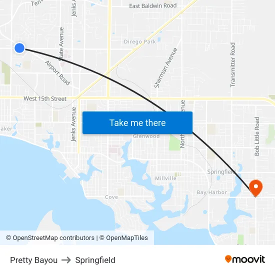 Pretty Bayou to Springfield map