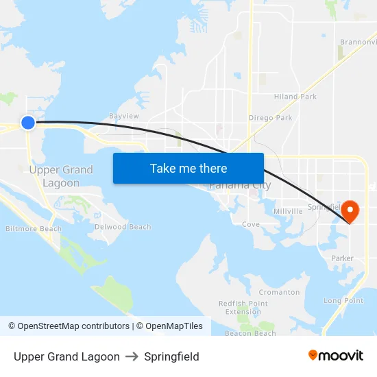 Upper Grand Lagoon to Springfield map