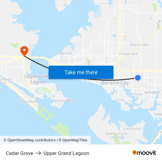Cedar Grove to Upper Grand Lagoon map