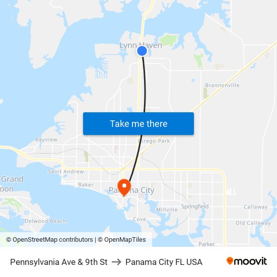 Pennsylvania Ave & 9th St to Panama City FL USA map