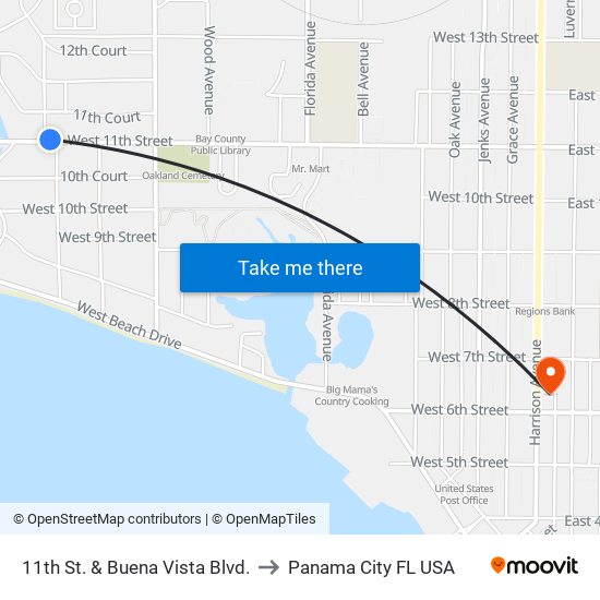 11th St. & Buena Vista Blvd. to Panama City FL USA map