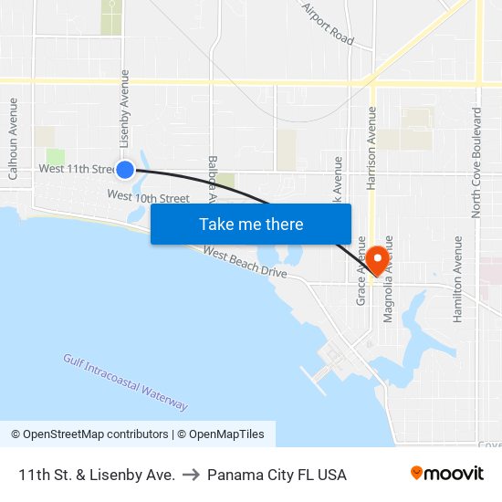 11th St. & Lisenby Ave. to Panama City FL USA map