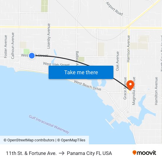 11th St. & Fortune Ave. to Panama City FL USA map