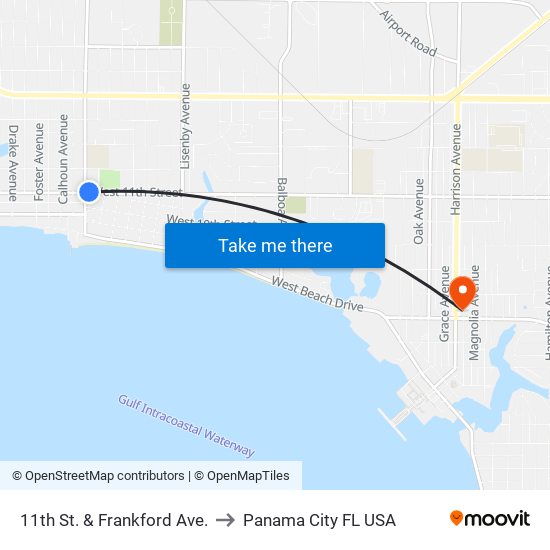 11th St. & Frankford Ave. to Panama City FL USA map