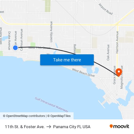 11th St. & Foster Ave. to Panama City FL USA map