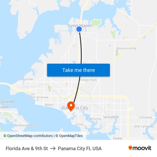 Florida Ave & 9th St to Panama City FL USA map