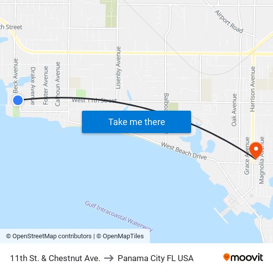 11th St. & Chestnut Ave. to Panama City FL USA map