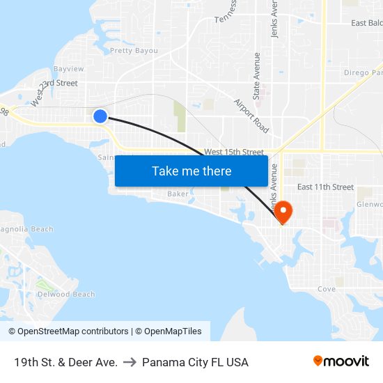 19th St. & Deer Ave. to Panama City FL USA map