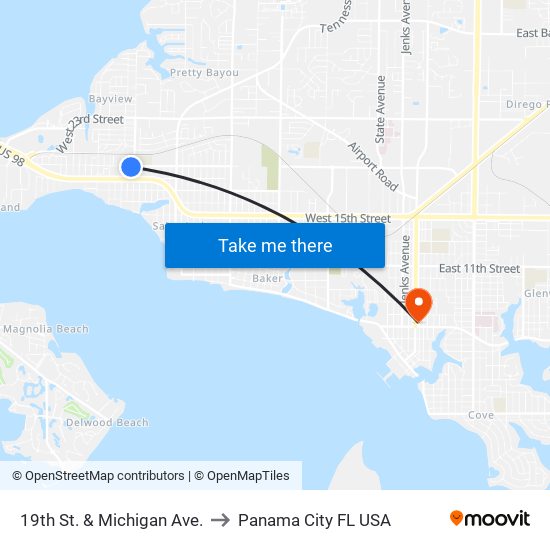 19th St. & Michigan Ave. to Panama City FL USA map