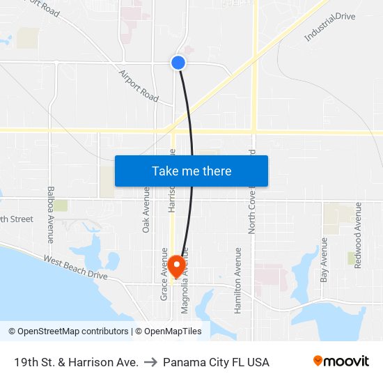 19th St. & Harrison Ave. to Panama City FL USA map