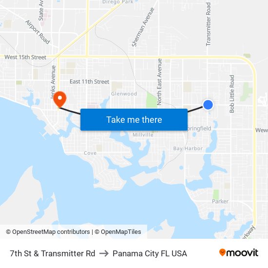 7th St & Transmitter Rd to Panama City FL USA map