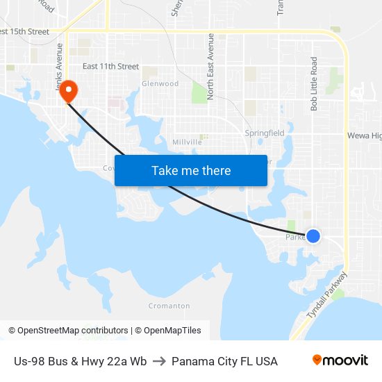 Us-98 Bus & Hwy 22a Wb to Panama City FL USA map
