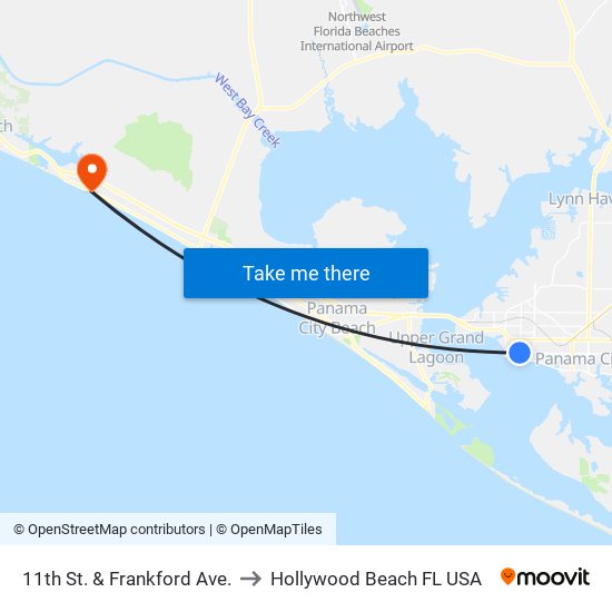 11th St. & Frankford Ave. to Hollywood Beach FL USA map