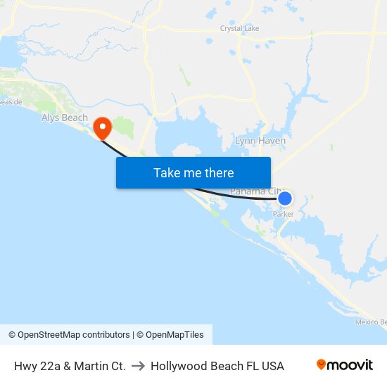 Hwy 22a & Martin Ct. to Hollywood Beach FL USA map