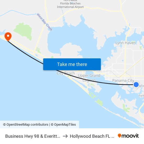 Business Hwy 98 & Everitt Ave to Hollywood Beach FL USA map