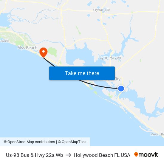 Us-98 Bus & Hwy 22a Wb to Hollywood Beach FL USA map