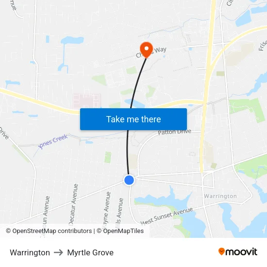 Warrington to Myrtle Grove map
