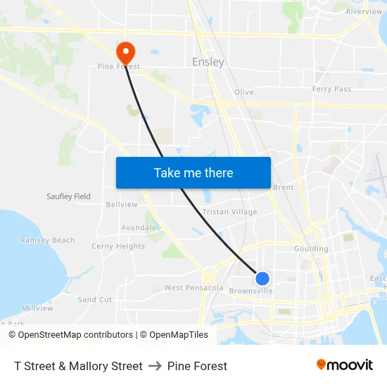 T Street & Mallory Street to Pine Forest map