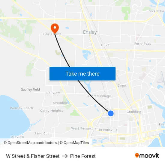 W Street & Fisher Street to Pine Forest map