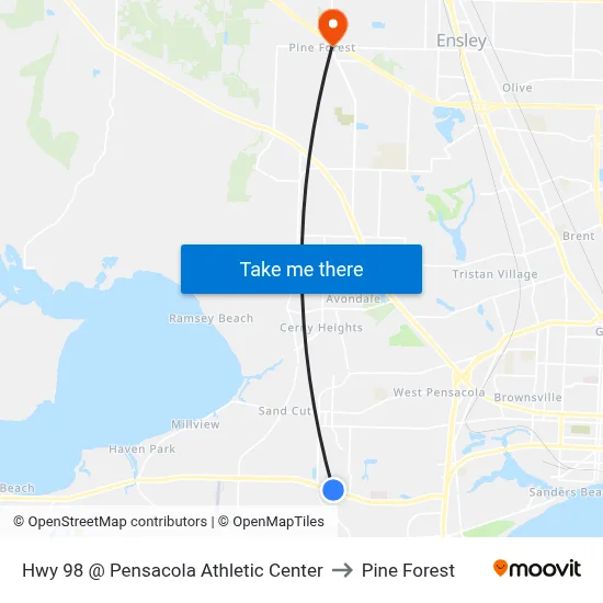 Hwy 98 @ Pensacola Athletic Center to Pine Forest map